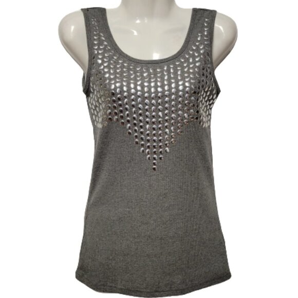 Grey Top Sleeveless Casual Cotton Tank Top with Beaded Neckline - Picture 1 of 11